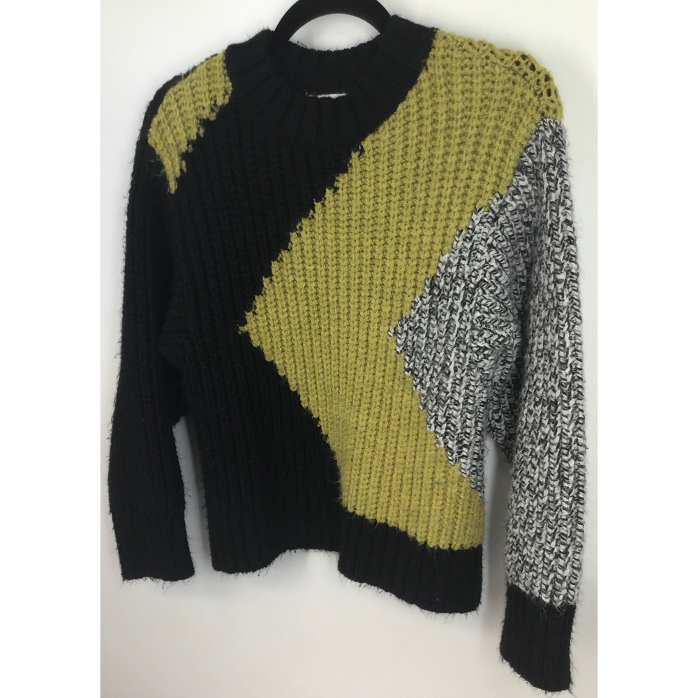 Topshop Colorblock Artsy Chunky Rib Knit Sweater‎ Black Green Gray Marled US S